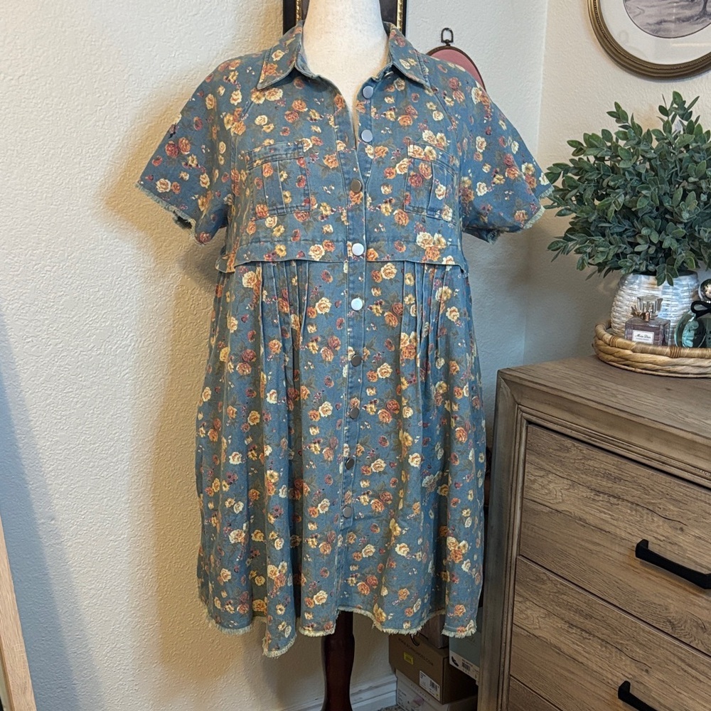 Denim Floral Shirt Dress